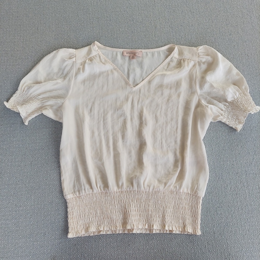 Philosophy Blouse Women Medium Cream V-Neck Smocked Puff Sleeve Satin Top RN9317